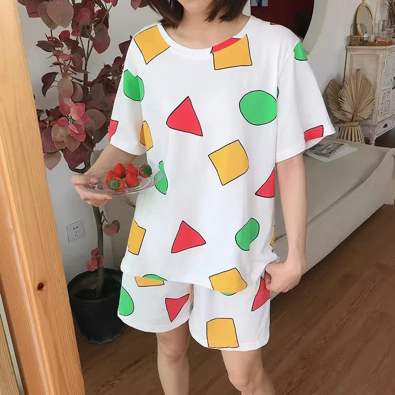 Women's Geometric Print Short Sleeve Pajama Set with Top and Shorts