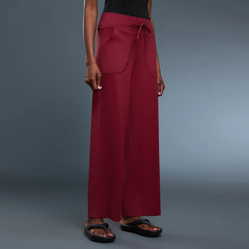 Women's Drawstring Waist Nylon Blend Wide Leg Pants with Length Options