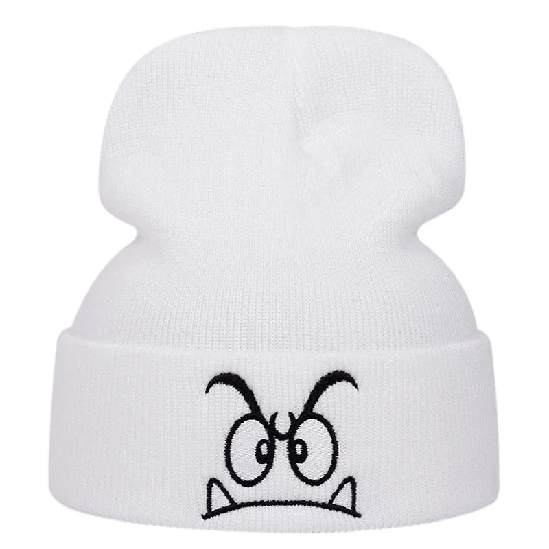 Orange Knit Beanie with Embroidered Cartoon Expression Detail