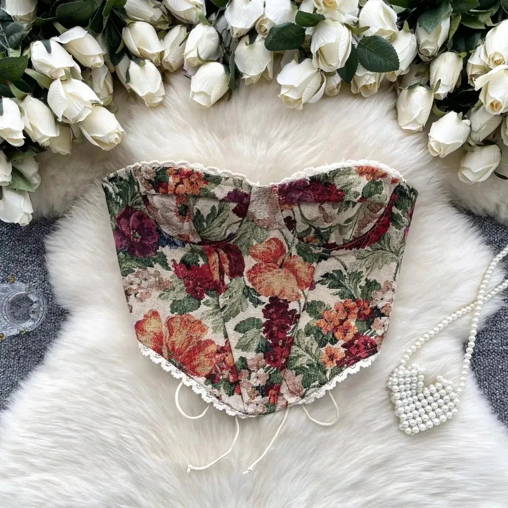 Women's Floral Tapestry Print Polyester Bustier Crop Top with Lace Up Back