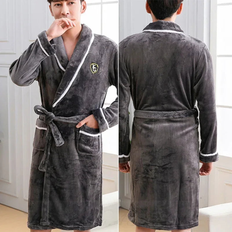 Men's Flannel Fleece Lapel Collar Tie Waist Bathrobe