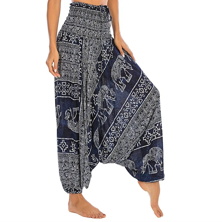 Women's Printed Nylon Harem Pants with Smocked Waist and Convertible Styling