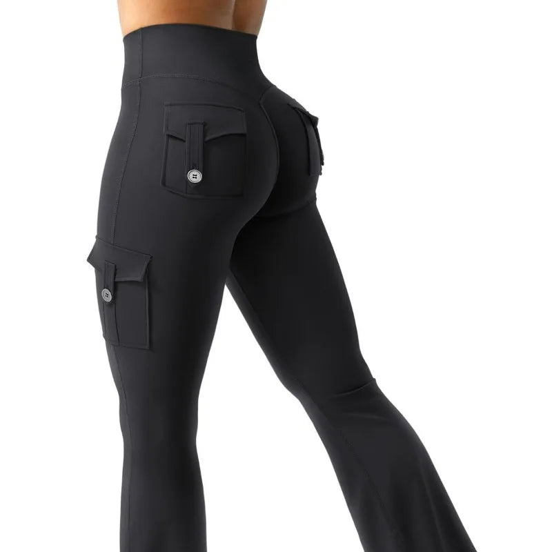 Women's High Waist Polyester Flared Pants with Cargo Style Thigh Pockets