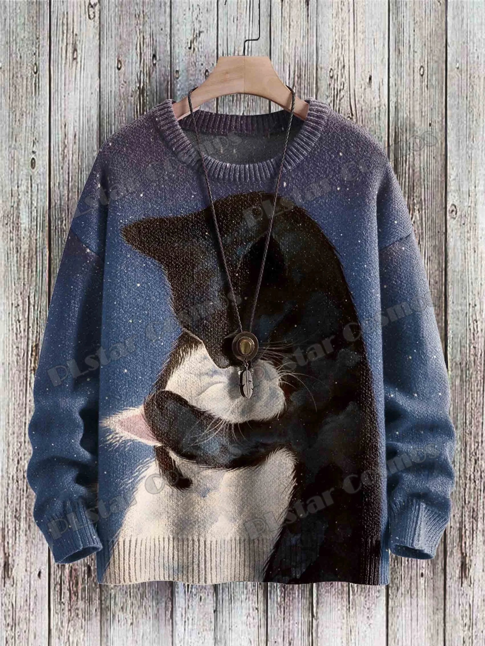 Men's Cat Print Crew Neck Long Sleeve Sweater
