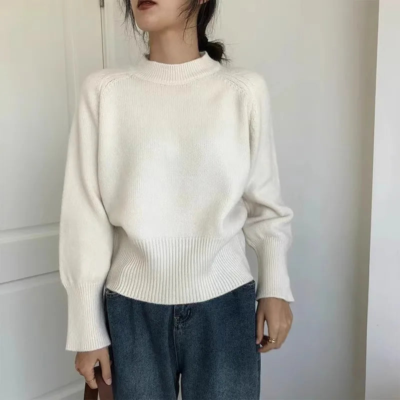 Pure wool retro sweater crewneck pullover short knitwear women's top trend