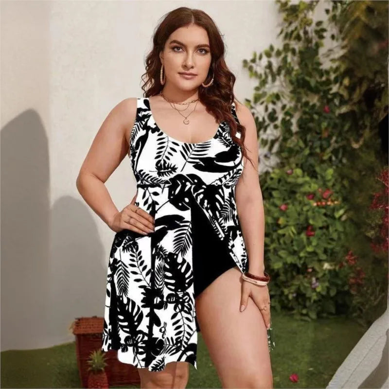 Women's Printed Scoop Neck Swimdress with Side Tie Skirt Overlay