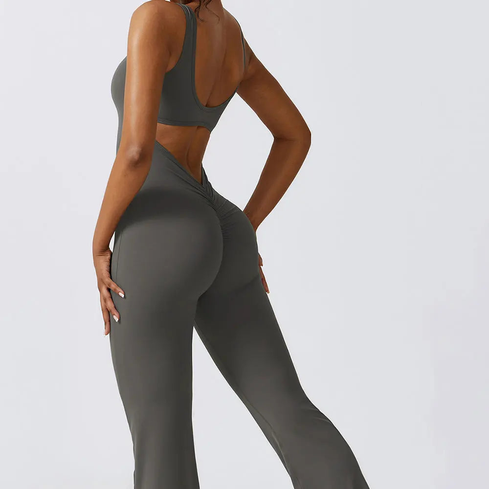 Women's Sleeveless Nylon Blend Flared Workout Jumpsuit with Back Cutout
