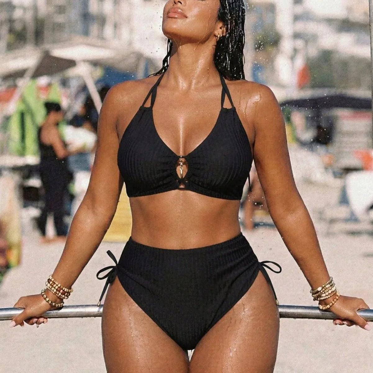 Women's Halter Keyhole Top and Side Tie Bikini Briefs Set