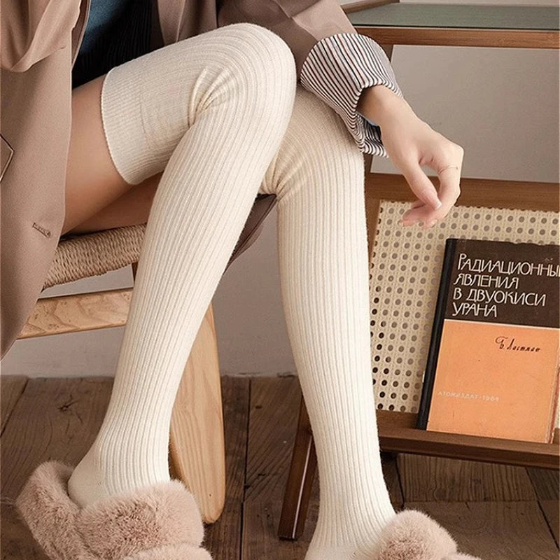 Solid Ribbed Thigh High Socks with Long Footed Shape
