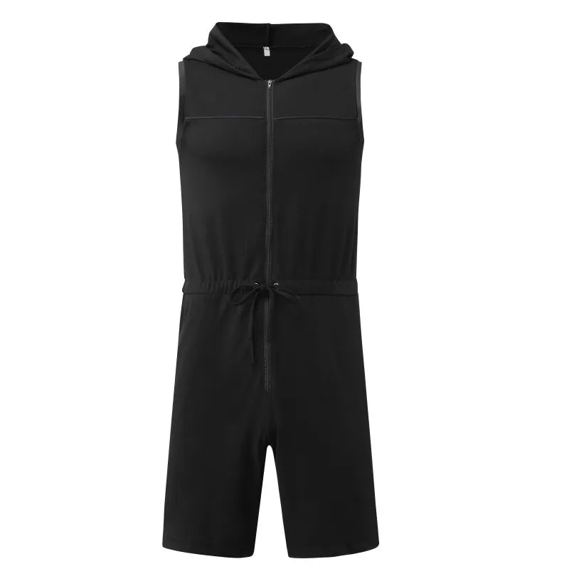 Men's Sleeveless Hooded Zip Front Short Pajama Romper