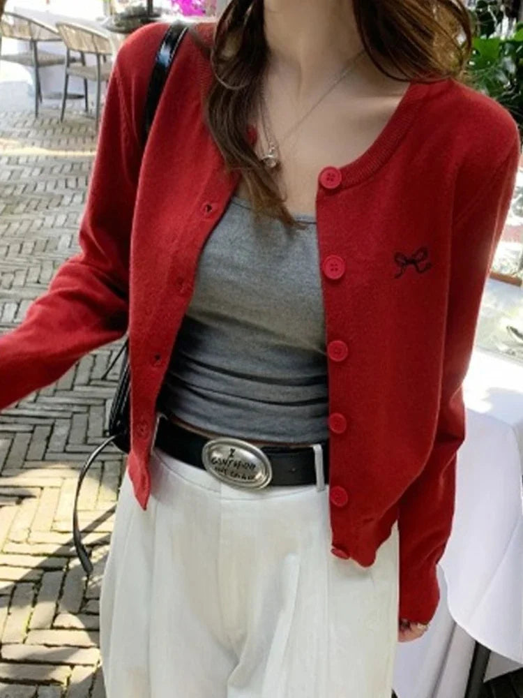 Women's Crew Neck Bow Embroidered Button Front Cardigan