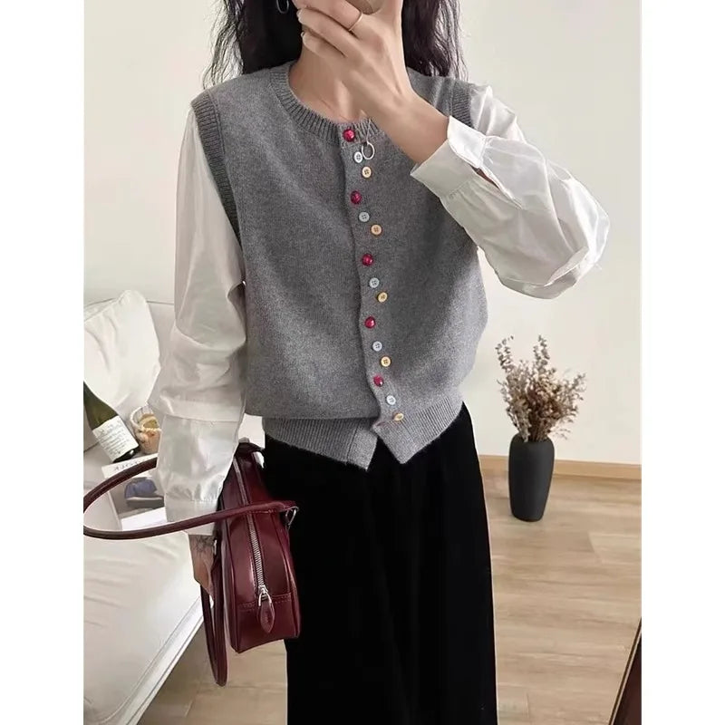 European goods color button cashmere knit vest cardigan women spring and autumn new round neck sleeveless sweater vest
