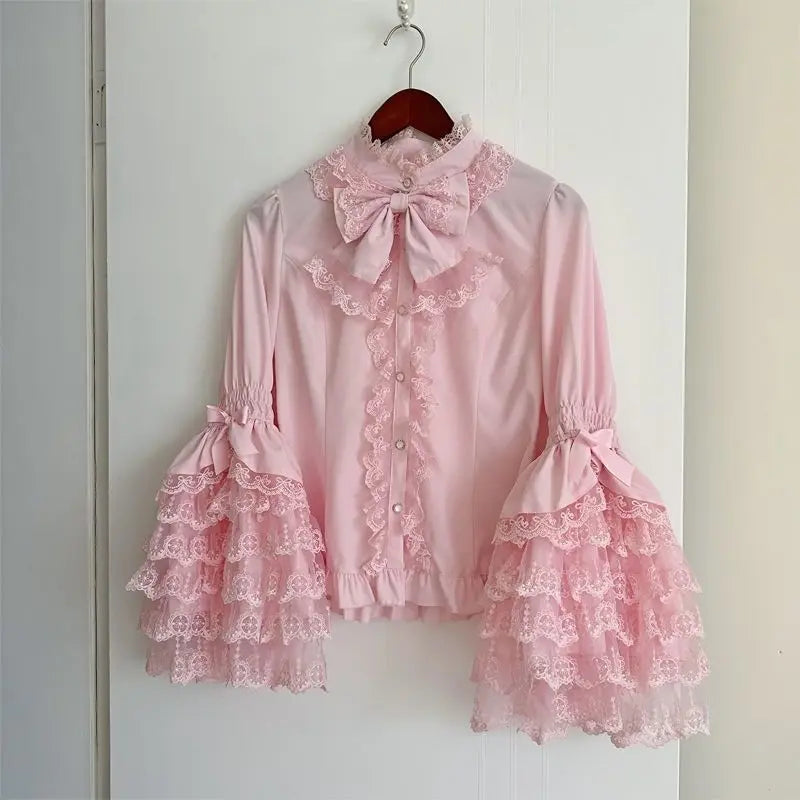 Women's Bow Neck Blouse with Layered Lace Sleeves