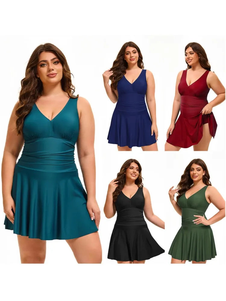 Women's V Neck Ruched Waist Skirted Swimdress Bathing Suit