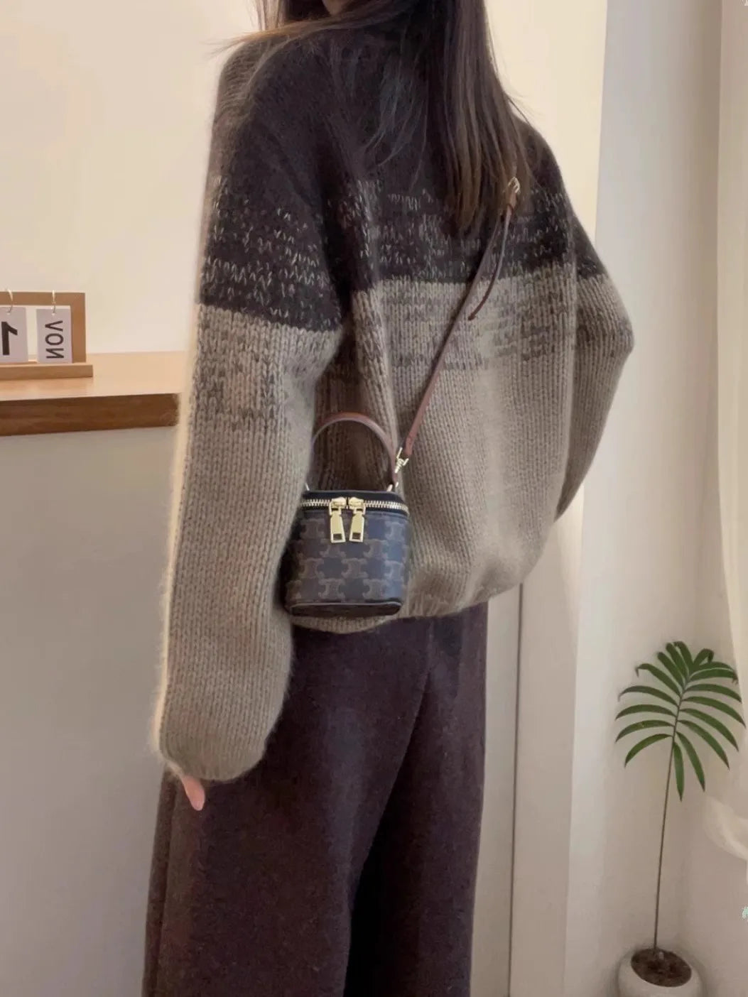 Crew-neck matching striped cashmere sweater women's long-sleeved autumn/winter loose wool base sweater