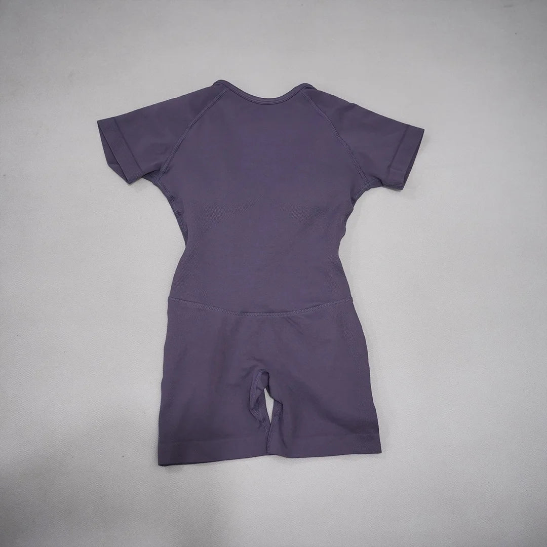 Women's Short Sleeve Nylon Blend Workout Romper with Open Back