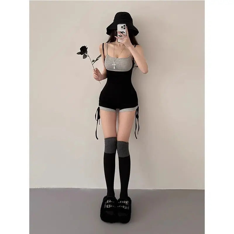 Women's Two Tone Polyester Workout Romper with Side Tie Details