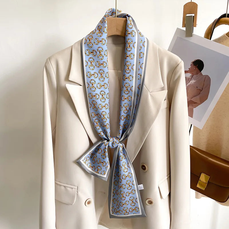 Printed Long Narrow Scarf with Decorative Ribbon Shape