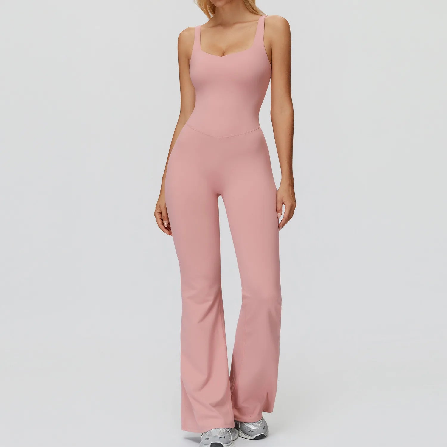 Women's Cross Back Polyester Blend Flared Workout Jumpsuit with Multiple Straps
