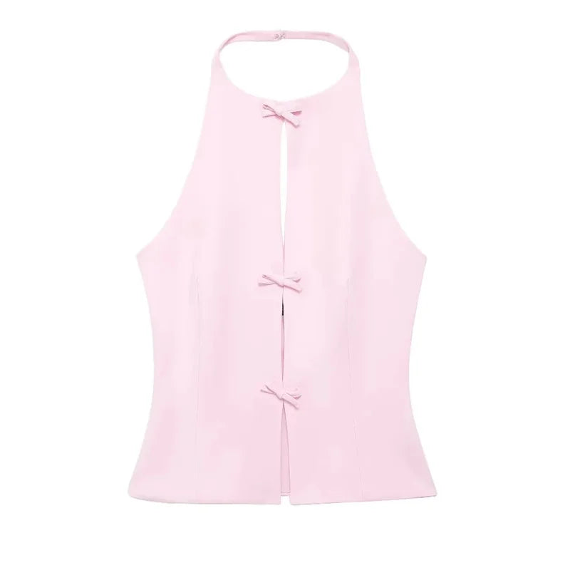 Women's Halter Polyester Crop Top or Matching Skirt with Bow Details