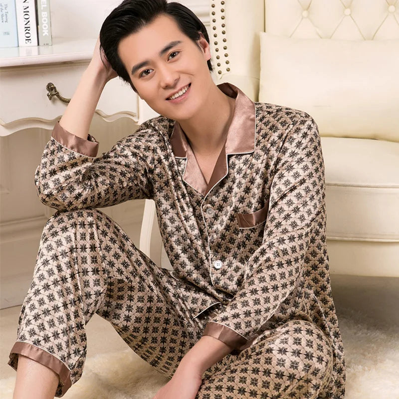 Men's Printed Lapel Button Front Shirt and Pants Pajama Set