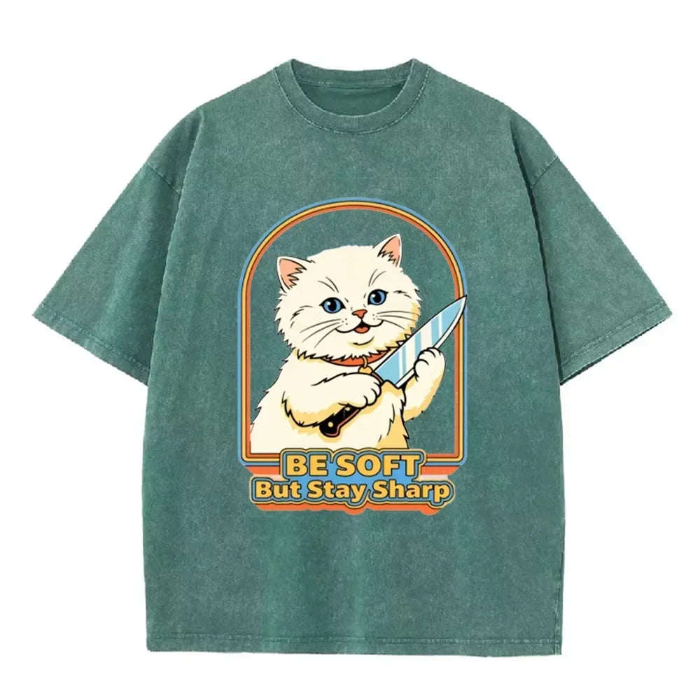 Vintage Washed Purple Be Soft But Stay Sharp Knife Cat Retro Casual Graphic T Shirt