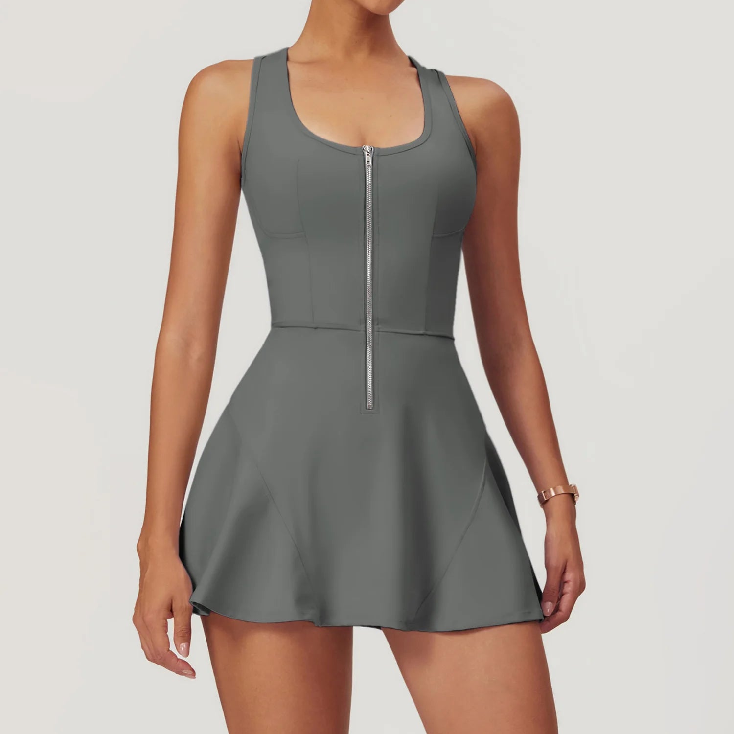 Women's Sleeveless Nylon Blend Athletic Dress with Front Zip and Inner Shorts