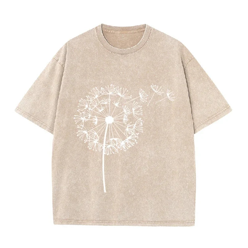 Dandelion Print Vintage Washed Brown T Shirt Casual Minimalist Streetwear Tee