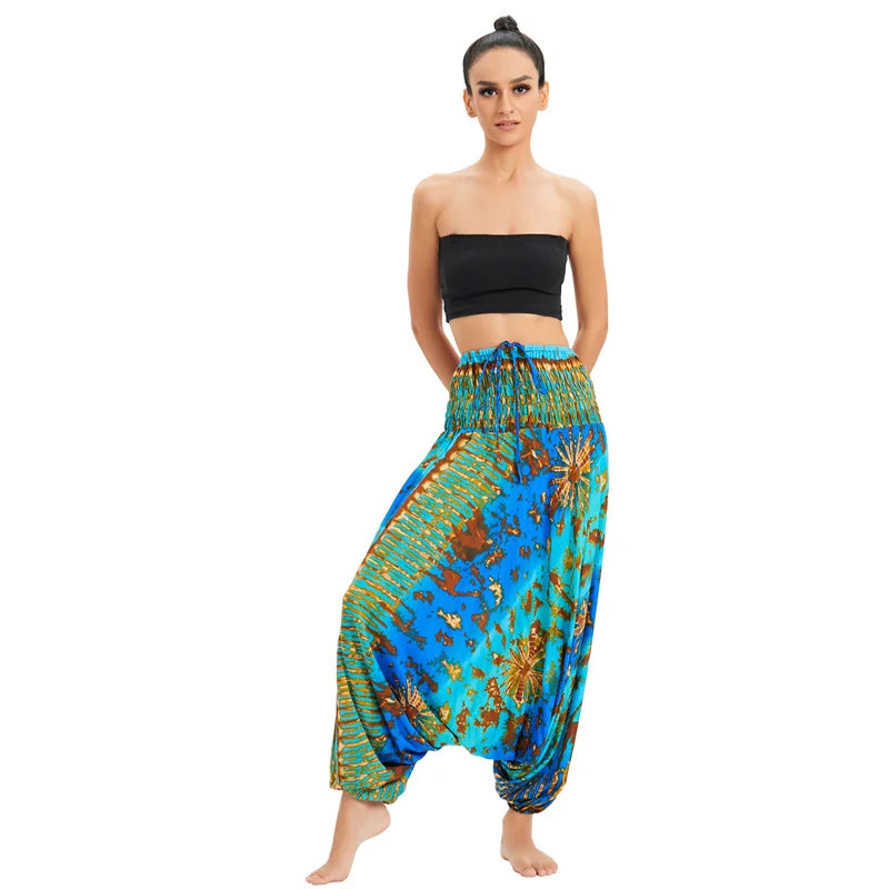Women's Printed Rayon Harem Pants with Elastic Waist and Convertible Styling