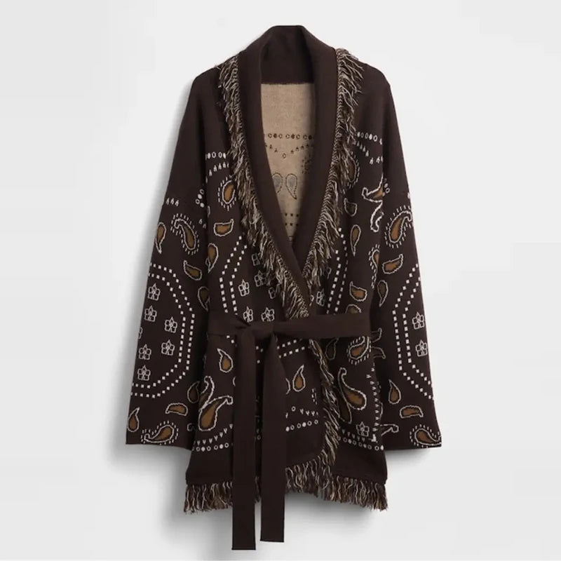 Women's Paisley Belted Button Front Cardigan Casual Knit Layer