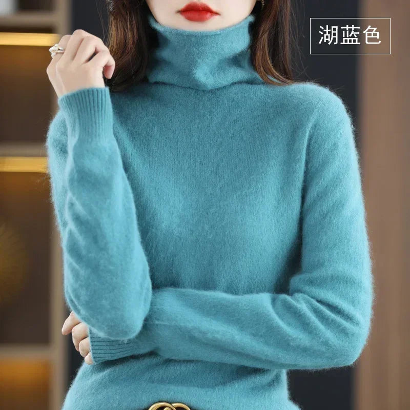 Women's Fluffy Roll Neck Long Sleeve Sweater Casual Knit Layer
