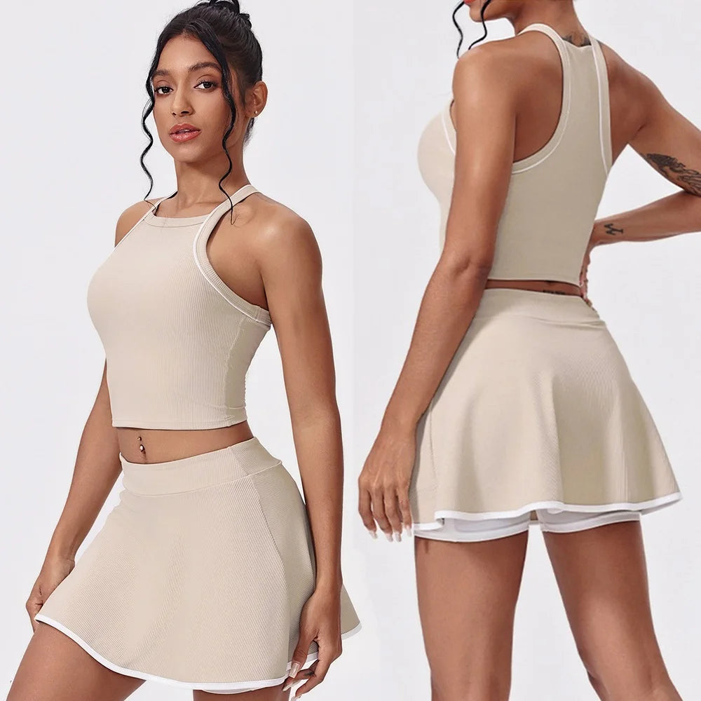 Women's Sleeveless Crop Top and Skort Workout Set