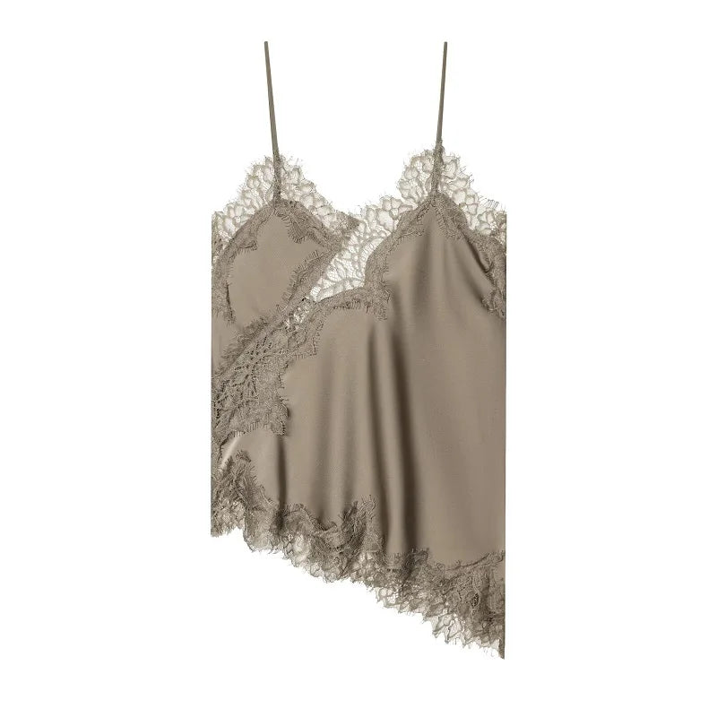 Women's Asymmetric Lace Trim Satin Camisole with Thin Shoulder Straps