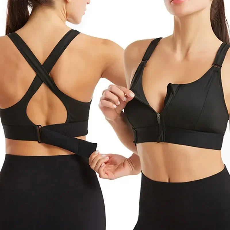 Women's Front Zip Cross Back Sports Bra