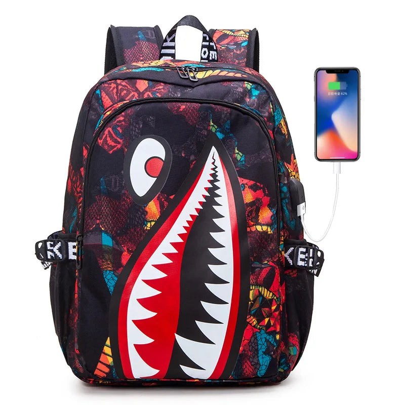 Children's Shark Print School Backpack with Zipper Opening and Front Pocket