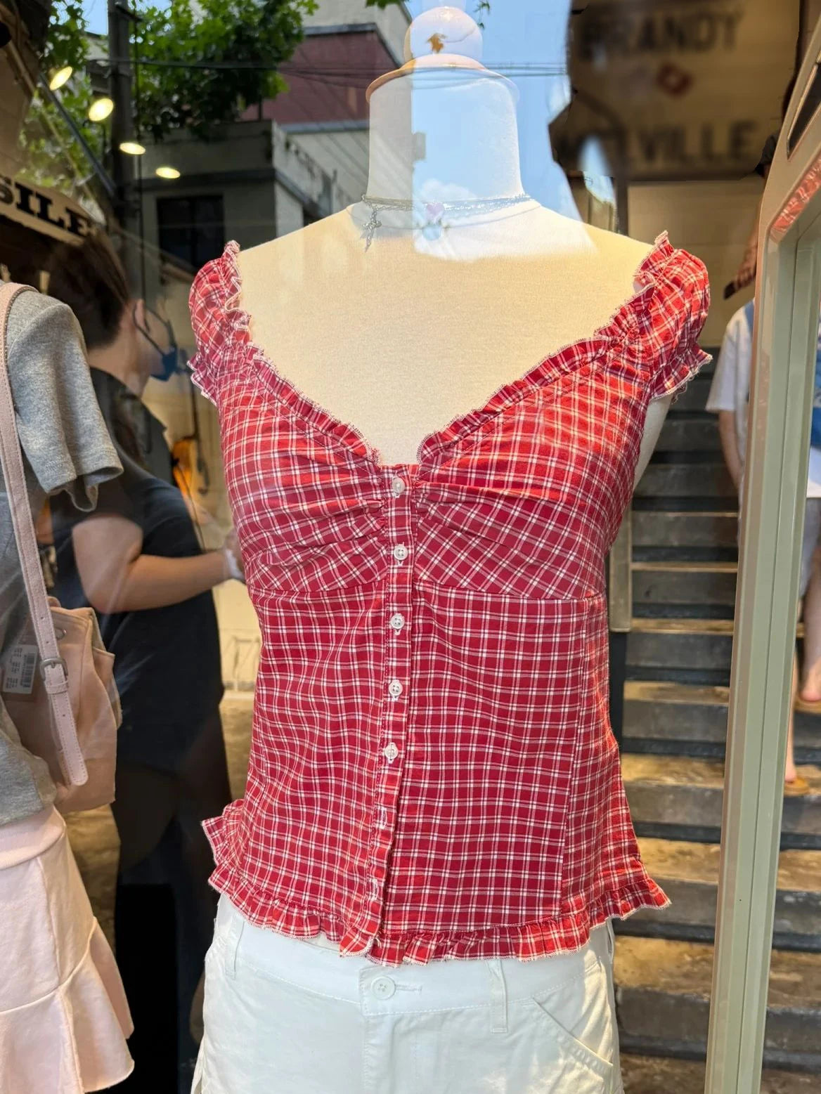 Women's Ruffled Cotton Sleeveless Blouse with Button Front and Mixed Pattern Options