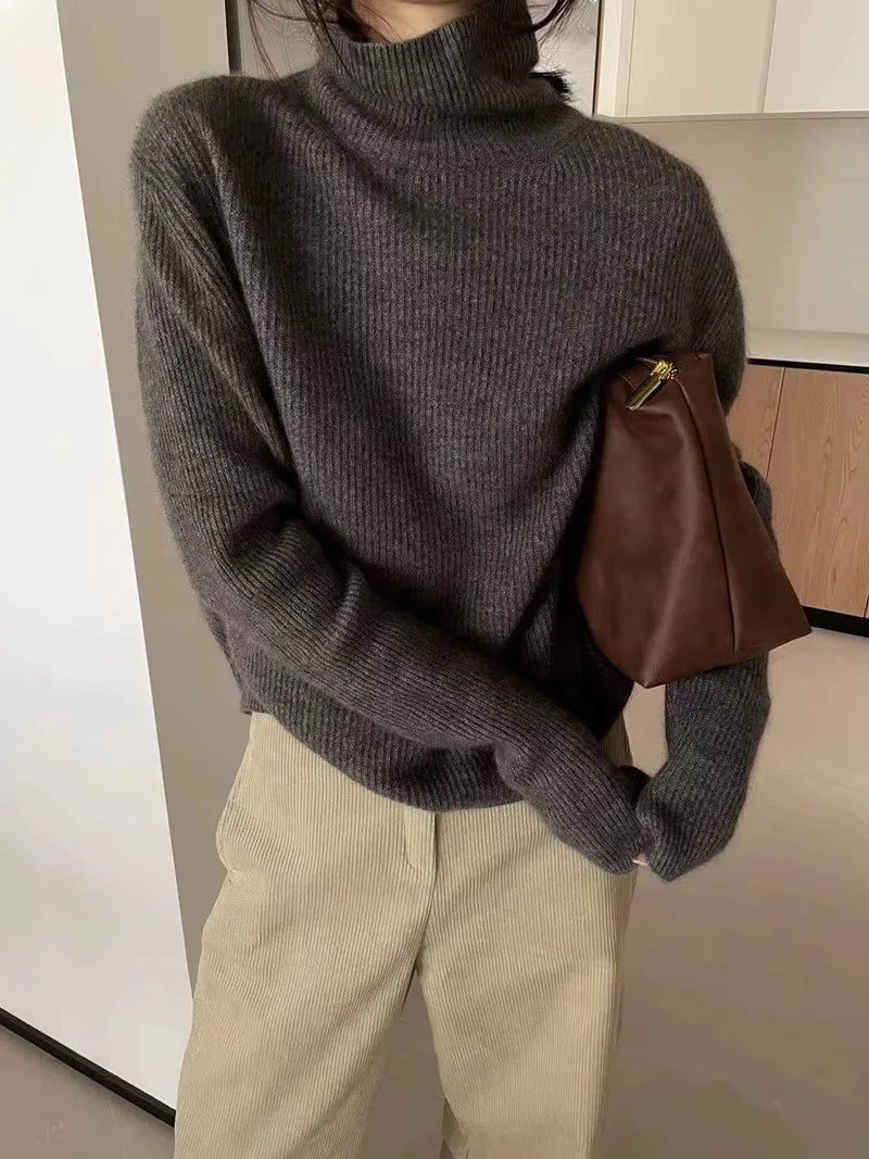 Foreign style autumn and winter turtleneck 100% pure cashmere sweater women lazy loose thick jumper knitted wool base shirt