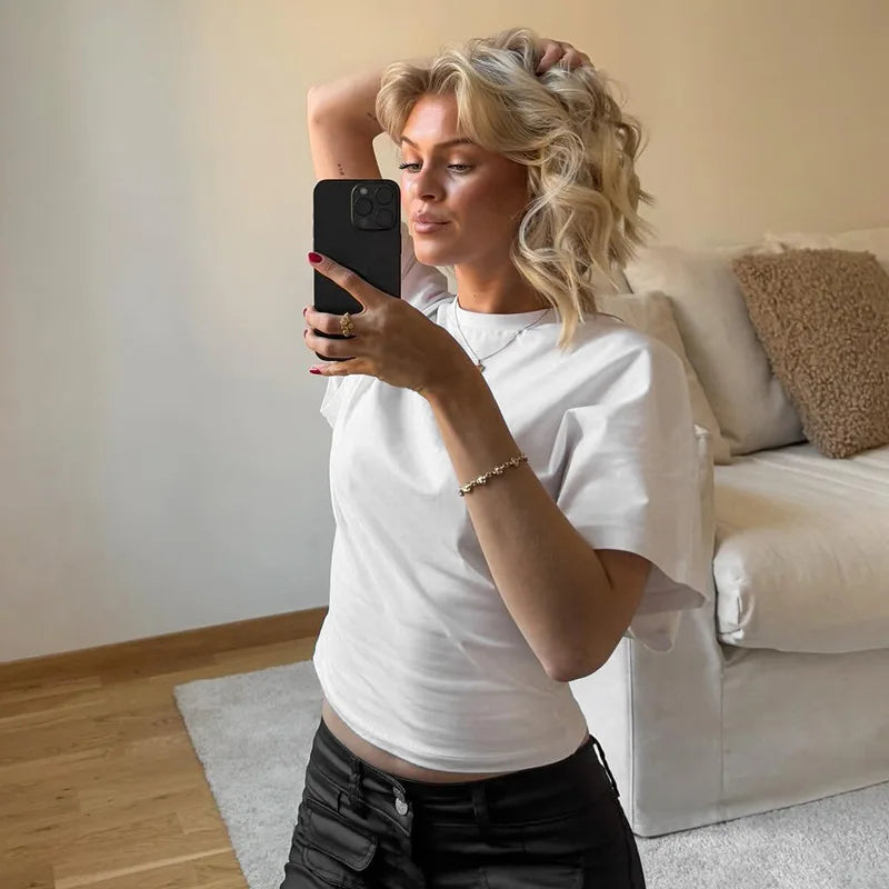 Solid Crew Neck Short Sleeve Cropped Casual T Shirt