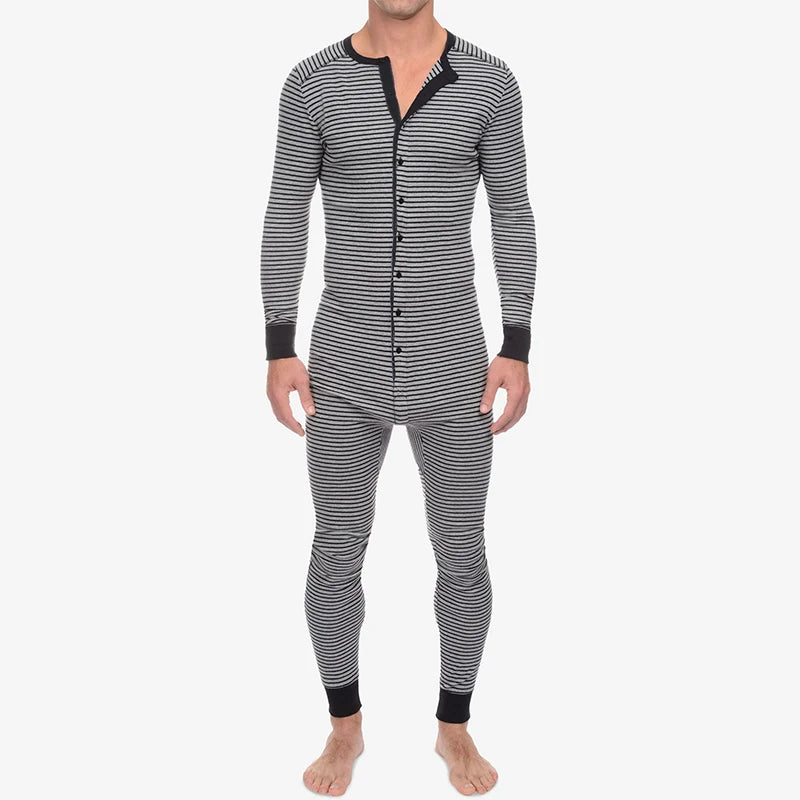 Men's Striped Button Front Long Sleeve Pajama Lounge Jumpsuit