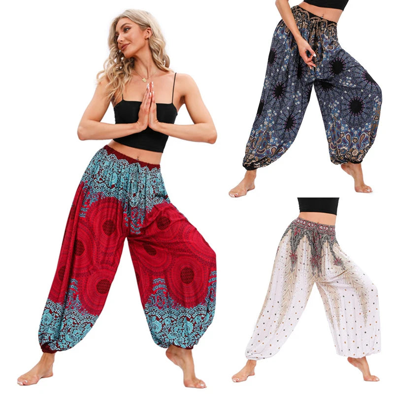 Women's Printed Rayon Harem Pants with Elastic Waist and Loose Gathered Legs