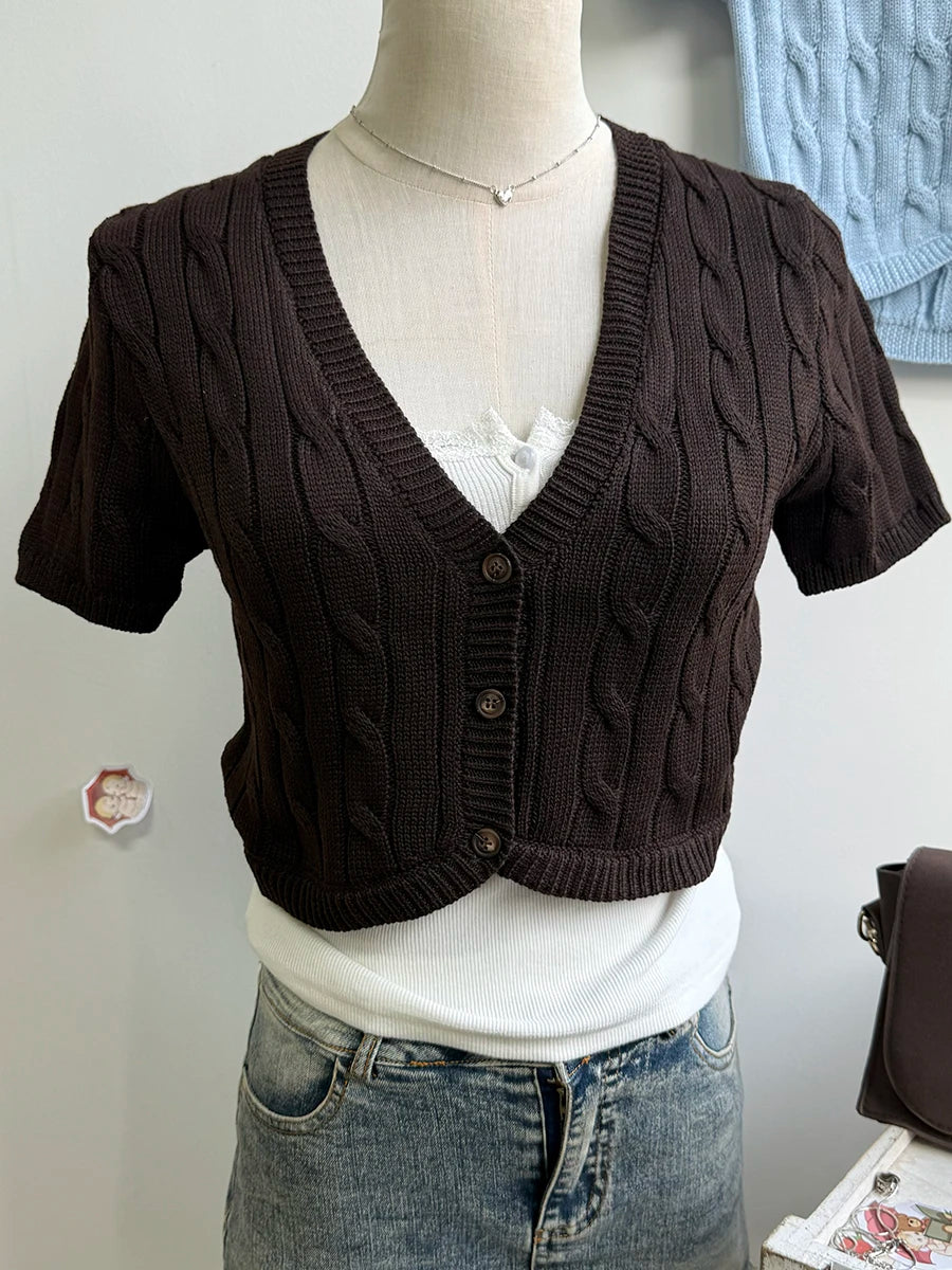 Women's Cropped V Neck Button Front Cardigan Casual Knit Layer