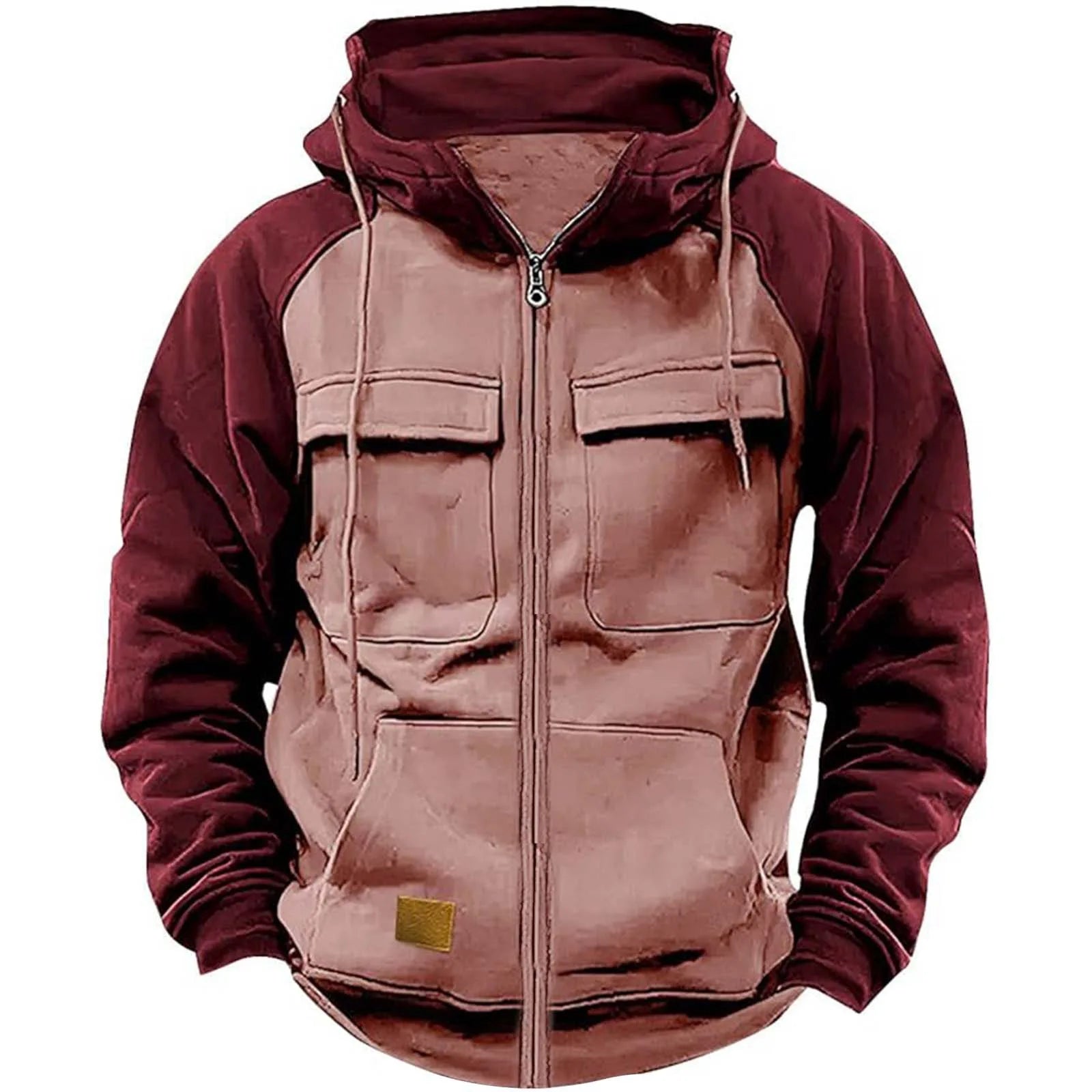 Men's Multi-Pocket Patchwork Long-Sleeve Zip-Front Hoodie