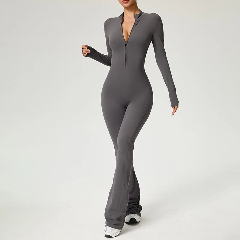 Women's Long Sleeve Nylon Blend Flared Workout Jumpsuit with Zip Collar