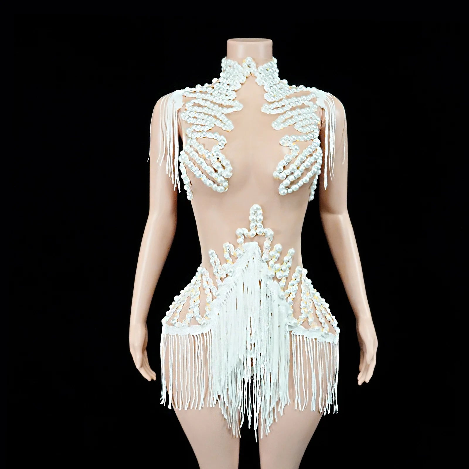Women's Rhinestone Fringe Mesh Dance Bodysuit for Stage Costume Outfits
