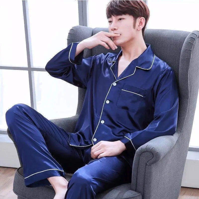 Men's Satin Look Long Sleeve Shirt and Pants Pajama Set