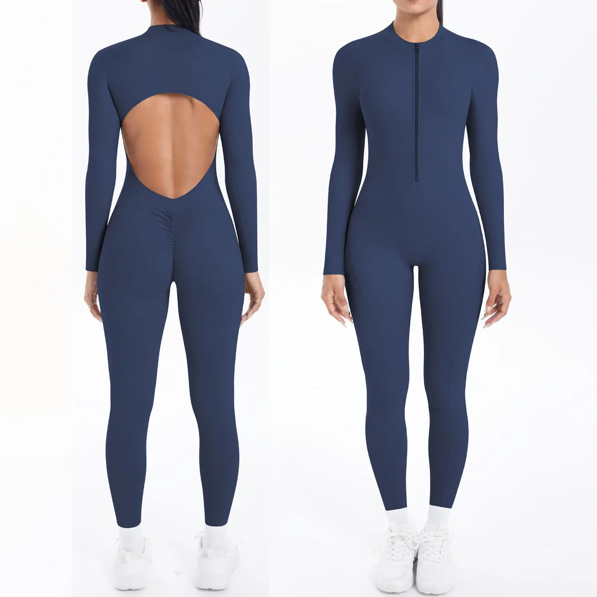 Women's Open Back Nylon Blend Workout Jumpsuit with Zipper and Sleeve Options