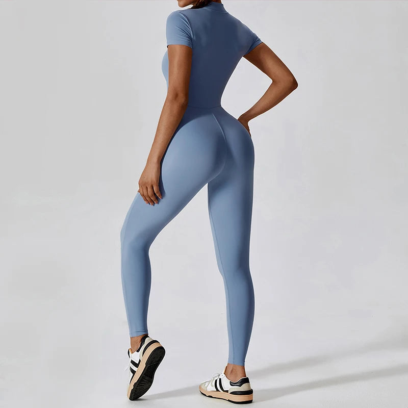 Women's Short Sleeve Nylon Blend Workout Jumpsuit with Collar and Front Zip