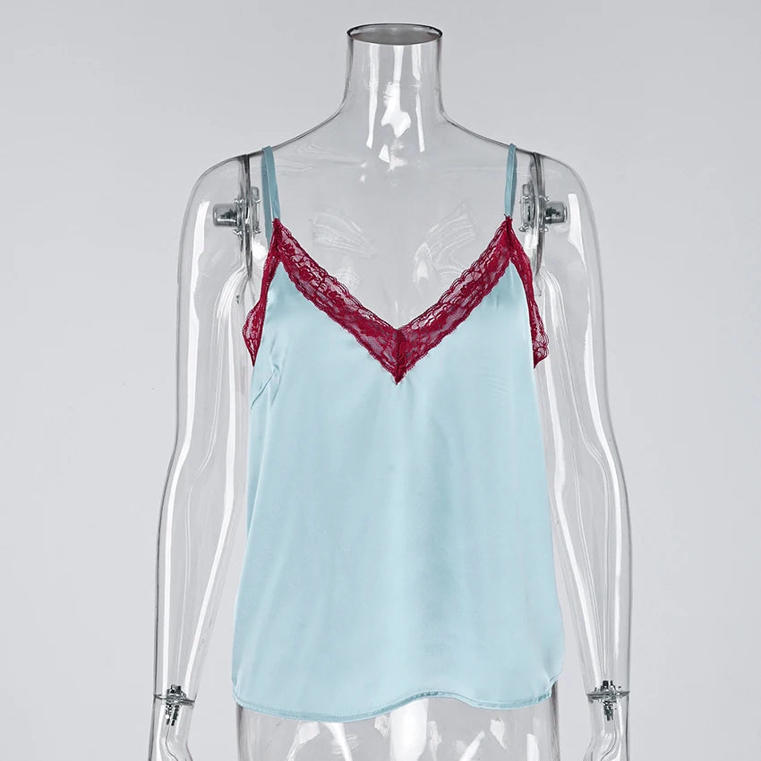 Women's V-Neck Camisole with Contrasting Lace Trim and Spaghetti Shoulder Straps