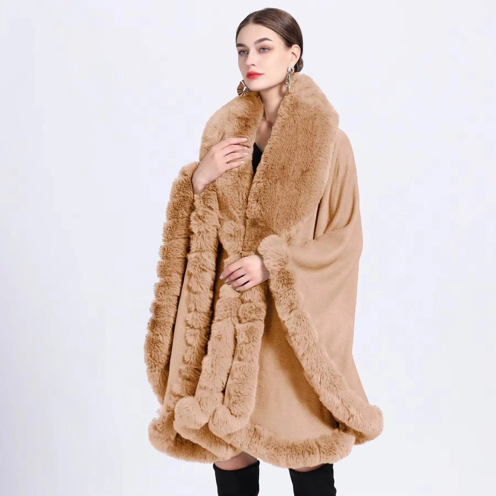 Plush Trim Open Front Cape for Layering over Outfits