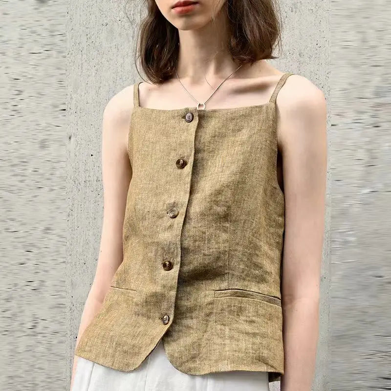 Women's Linen Strapless Cropped Camisole Top with Front Buttons for Casual Outfits